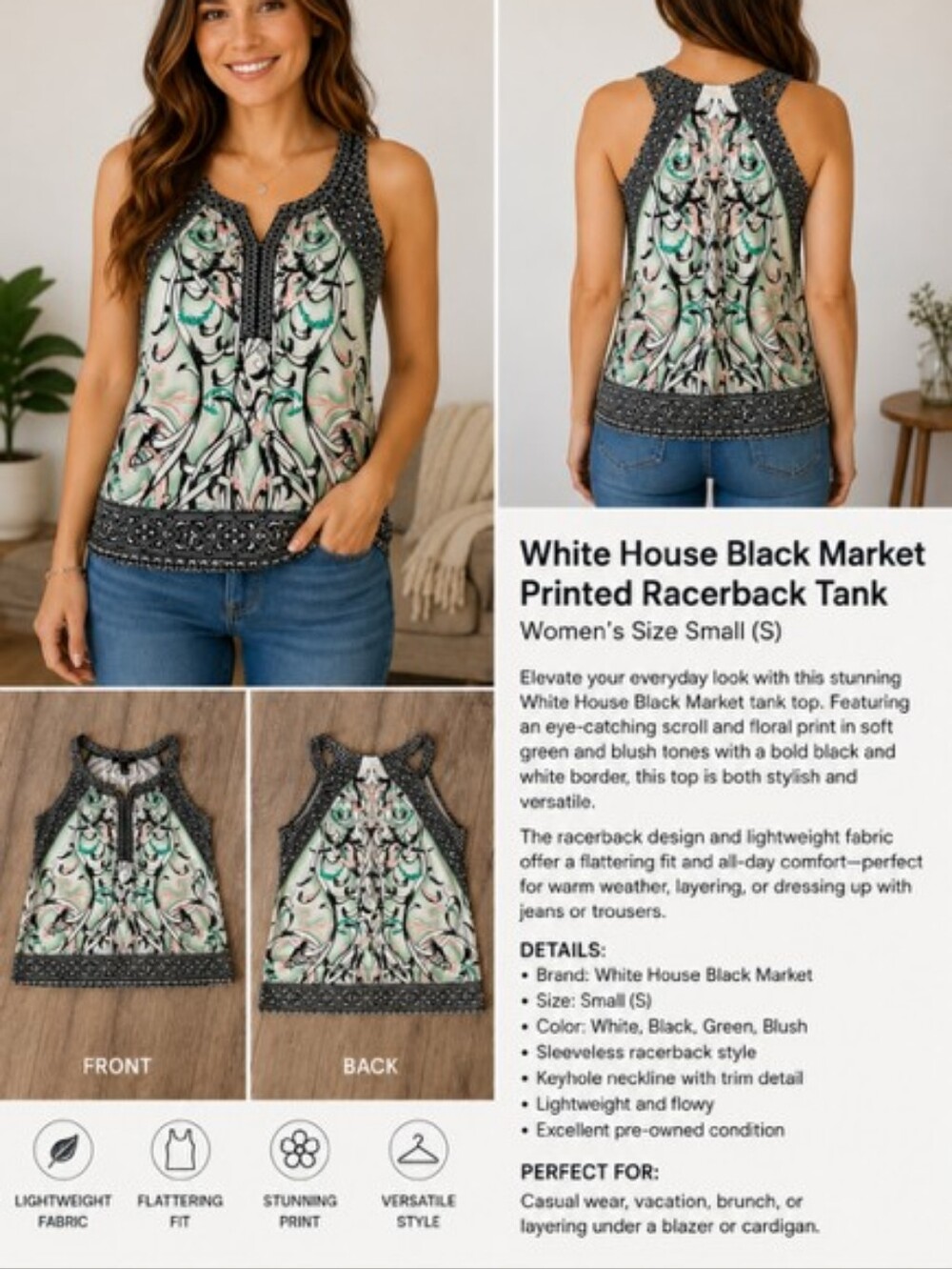 White House Black Market Black Cream Printed Halter Camisole - Picture 1 of 7